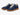 Angled pair shot of navy blue leather and suede retro low-top sneakers with warm caramel gum sole and cream laces — Xpression Sneakers