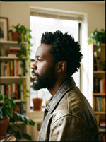 Man with a beard and styled hair standing in a room with bookshelves and plants.