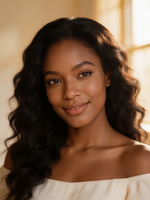 Woman with wavy hair wearing a white off-shoulder top in a warm-toned setting